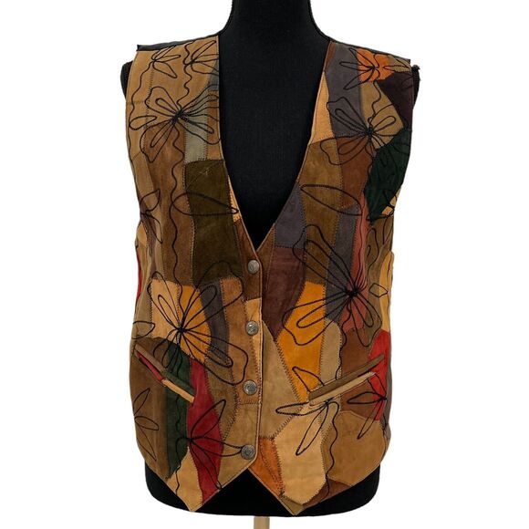 A.J. Vintage Suede Leather Patchwork Artsy Boho Embroidered Western Vest Small - Picture 2 of 10